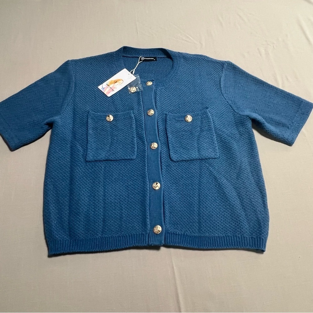 Blue Short Sleeve Knit Cardigan Sweater Women Med Gold Button Front Pockets NWT - Picture 3 of 13